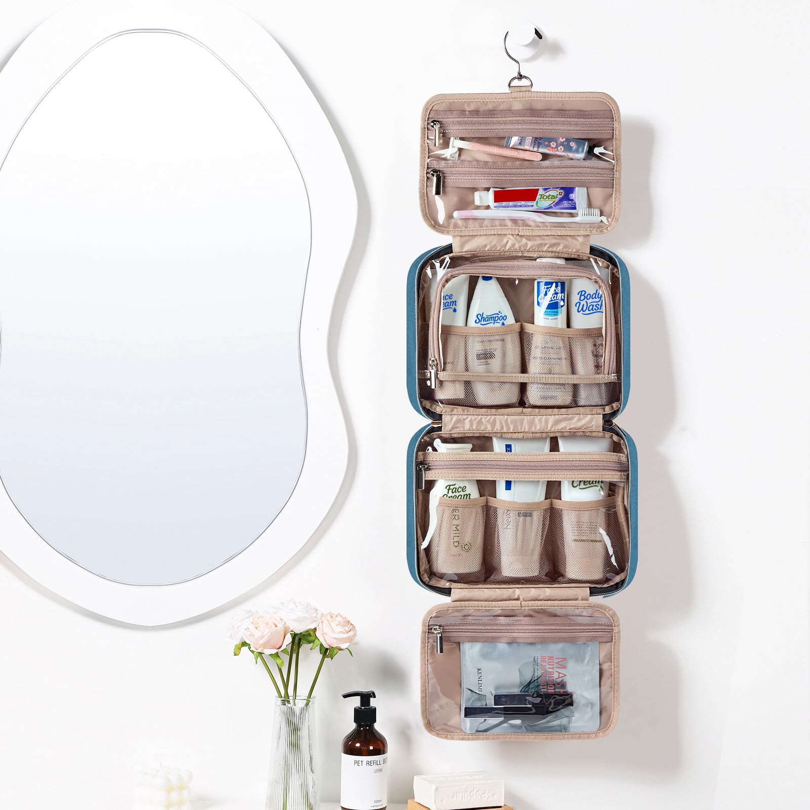 NISHEL travel toiletry bag lake blue hanging-on-hook displays hands-free organization.