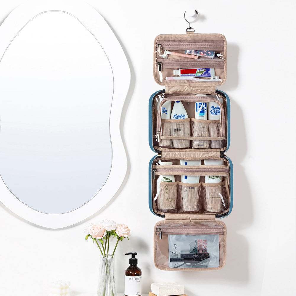 NISHEL travel toiletry bag lake blue hanging-on-hook displays hands-free organization.