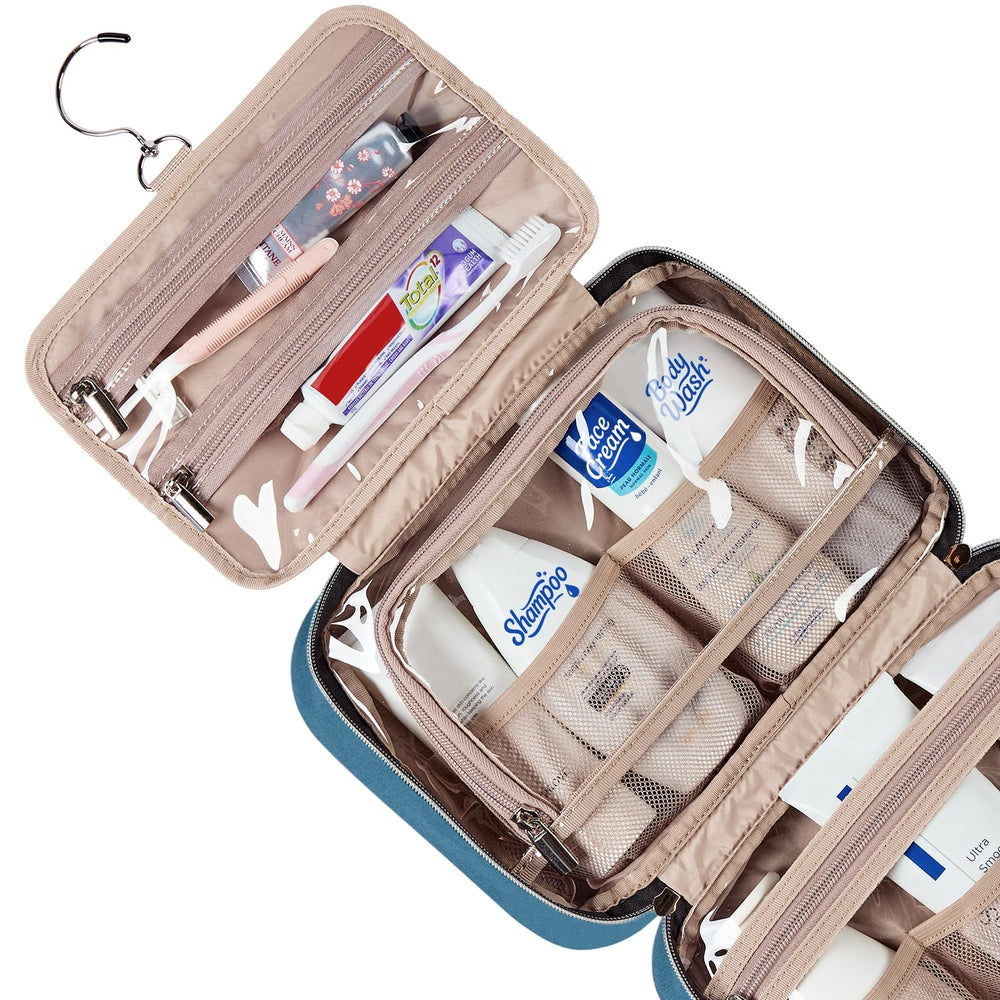 NISHEL travel toiletry bag lake blue elastic pockets inside secure small items during trips.
