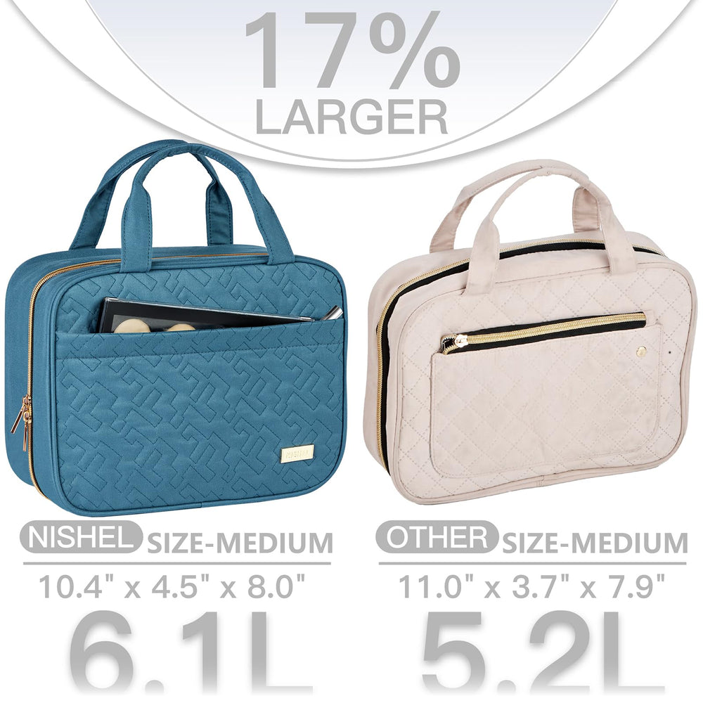 NISHEL travel toiletry bag lake blue open-compartments keep cosmetics organized while traveling.