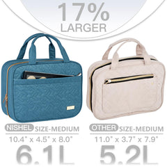 NISHEL travel toiletry bag lake blue open-compartments keep cosmetics organized while traveling.