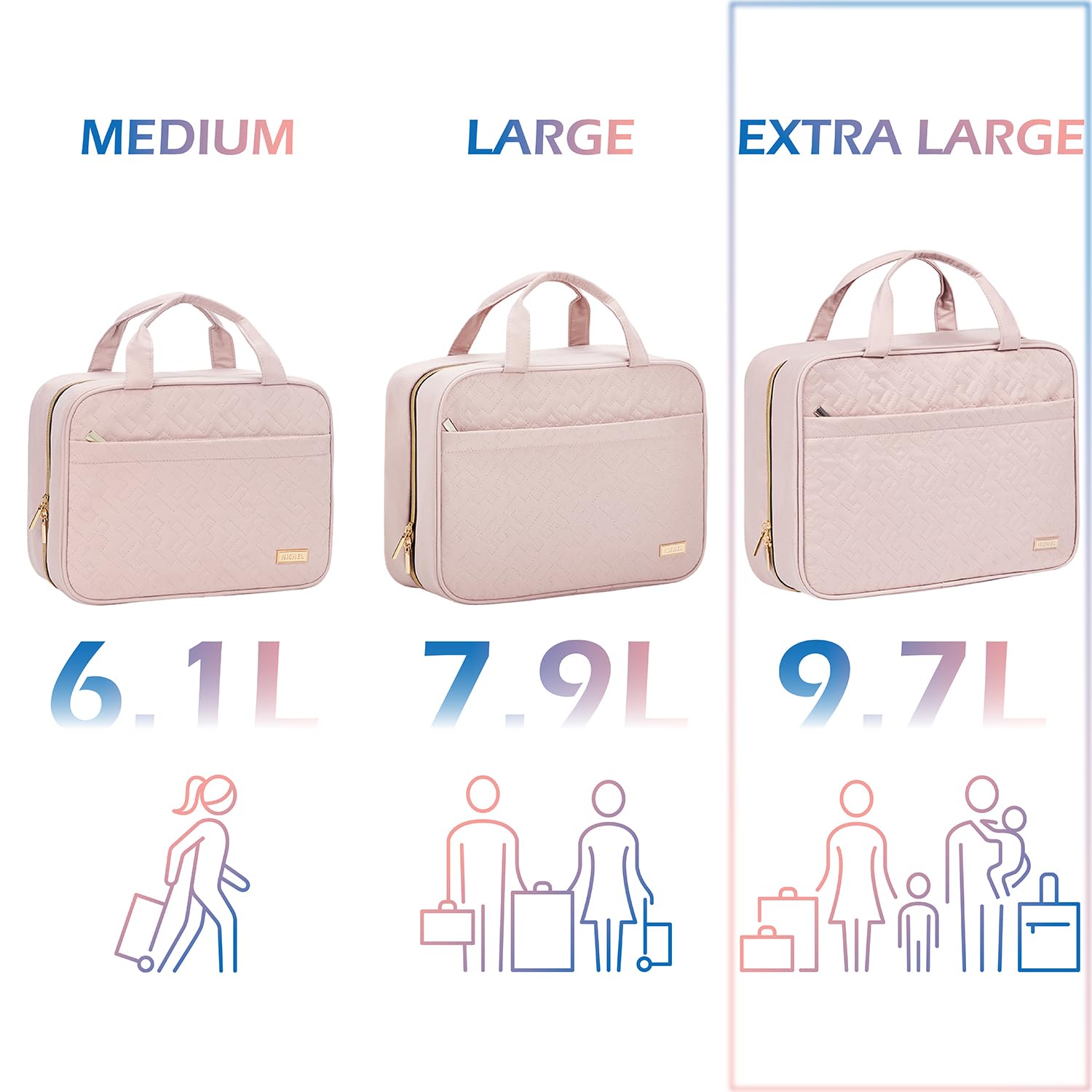 NISHEL travel toiletry bag pink shows organized compartments keeping cosmetics tidy during vacations.