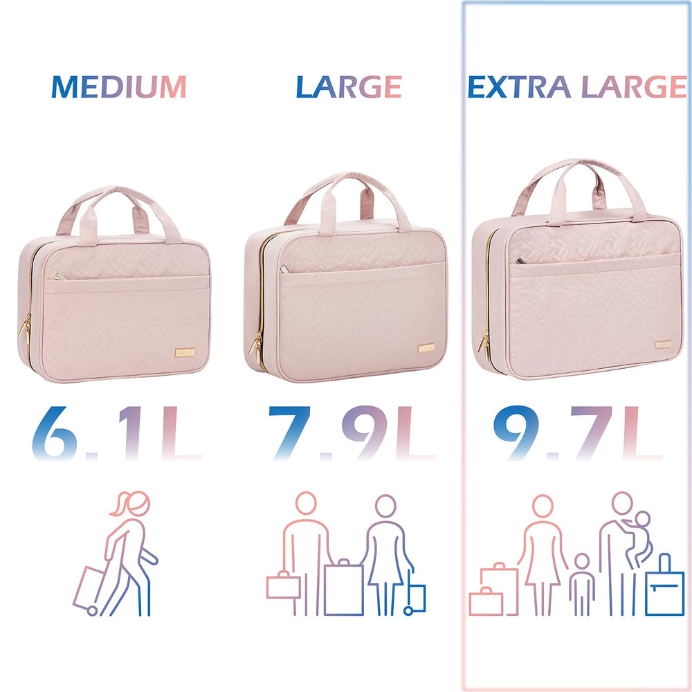 NISHEL travel toiletry bag pink shows organized compartments keeping cosmetics tidy during vacations.