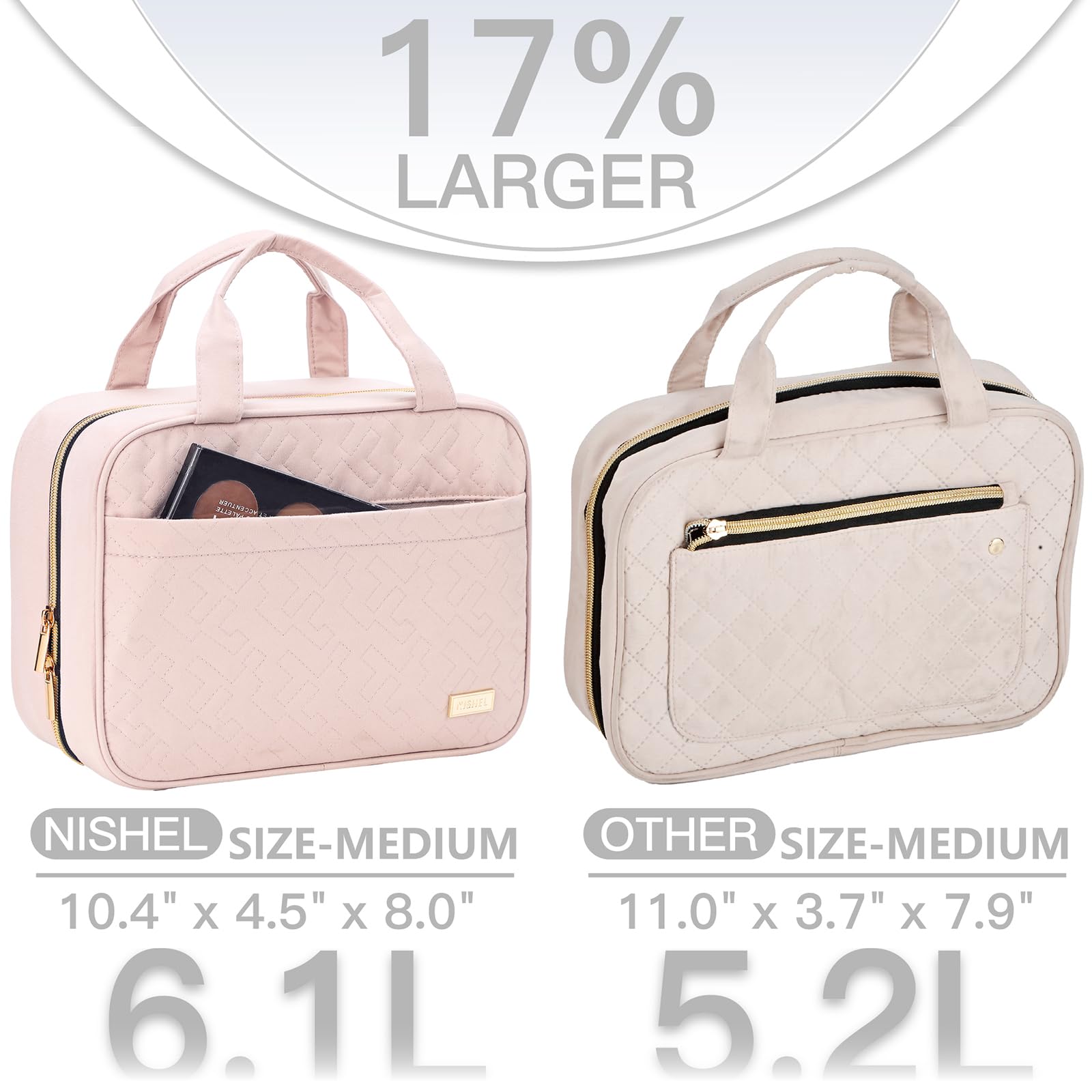 NISHEL pink compartments open shows organized space for cosmetics and toiletries