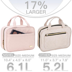 NISHEL pink compartments open shows organized space for cosmetics and toiletries