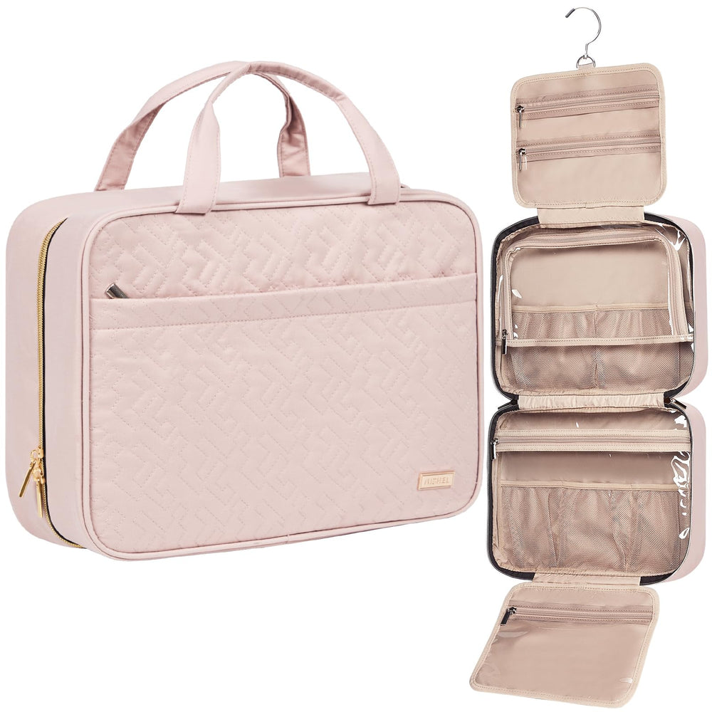 NISHEL travel toiletry bag pink holds full-size shampoo for easy hotel-room access.
