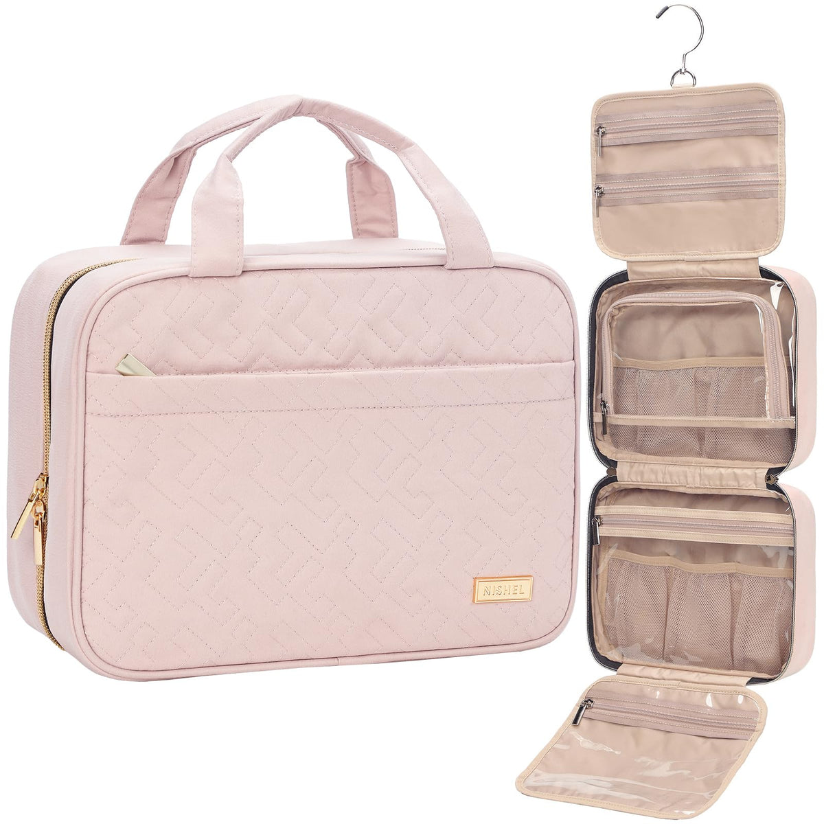 NISHEL travel toiletry bag pink side view for compact packing and easy travel
