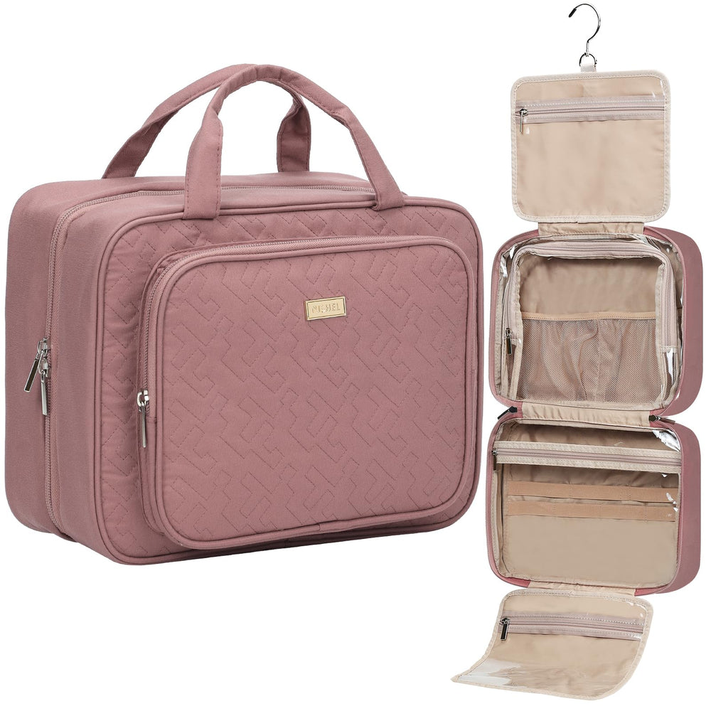 NISHEL travel toiletry bag in rosewood-pink with organized compartments for cosmetics.