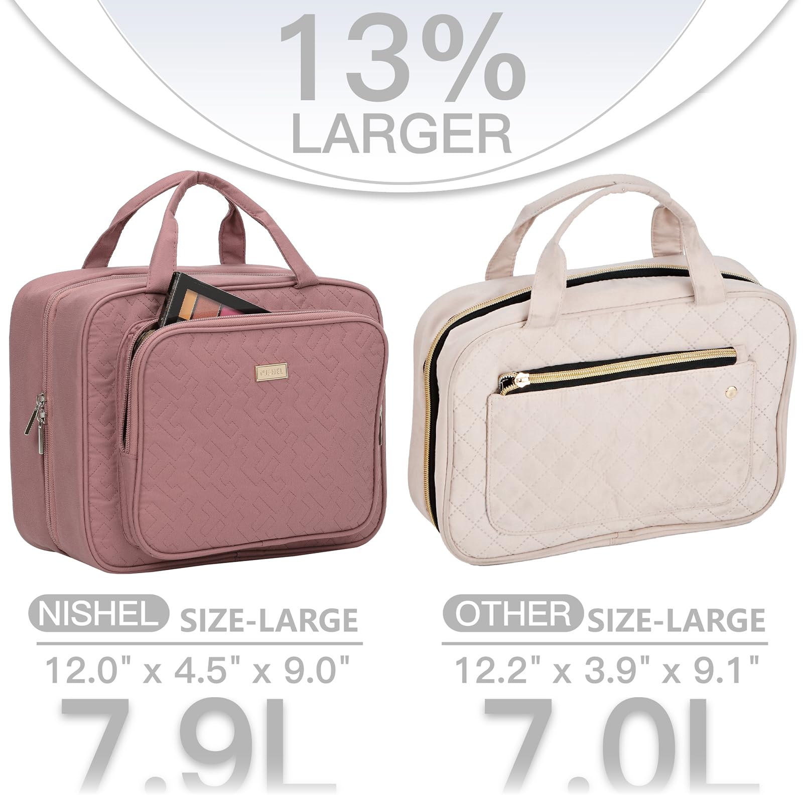 NISHEL travel toiletry bag rosewood-pink open view shows spacious interior.
