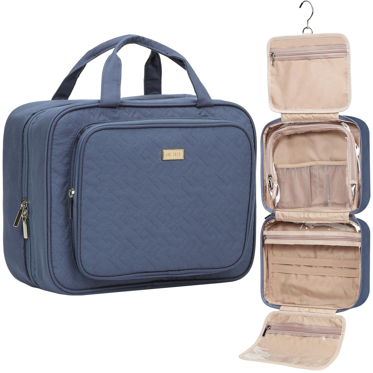 NISHEL travel toiletry bag closed in Aegean Blue for compact packing.