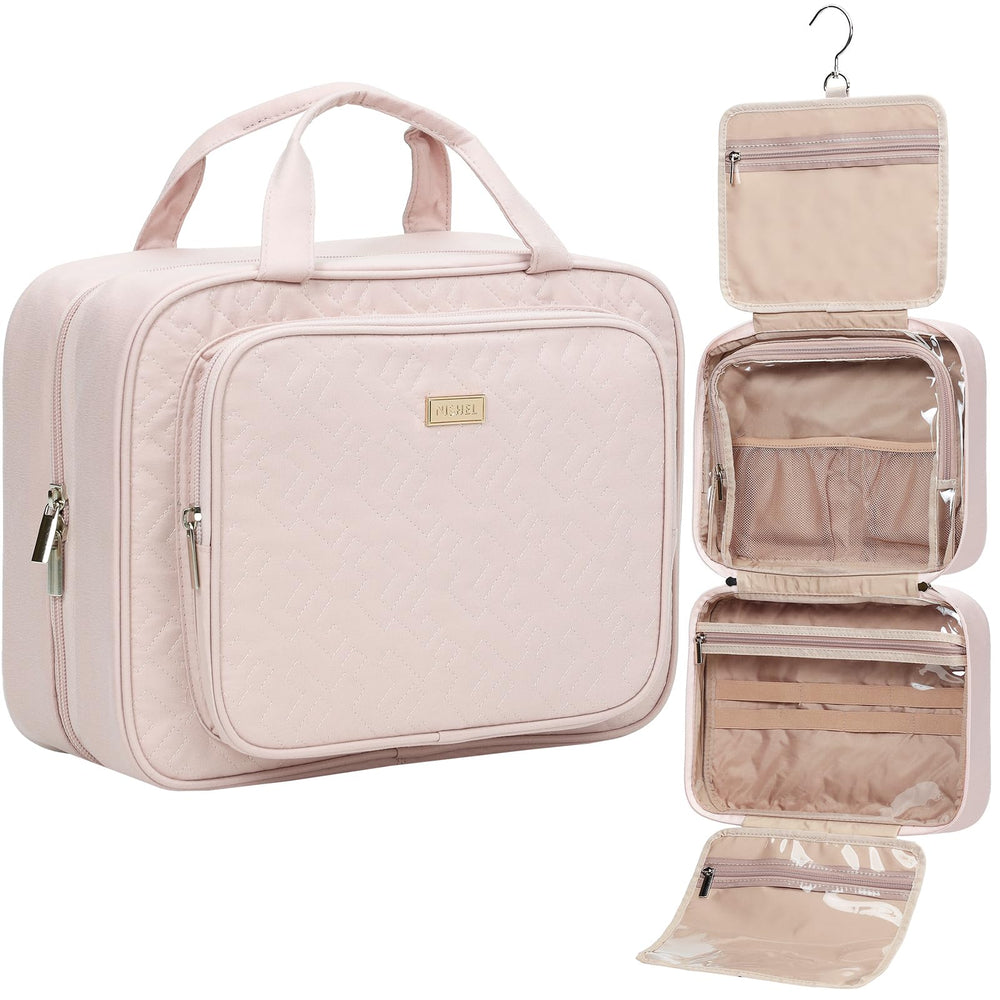 NISHEL travel toiletry bag opened view showing organized space for full-size bottles on the go