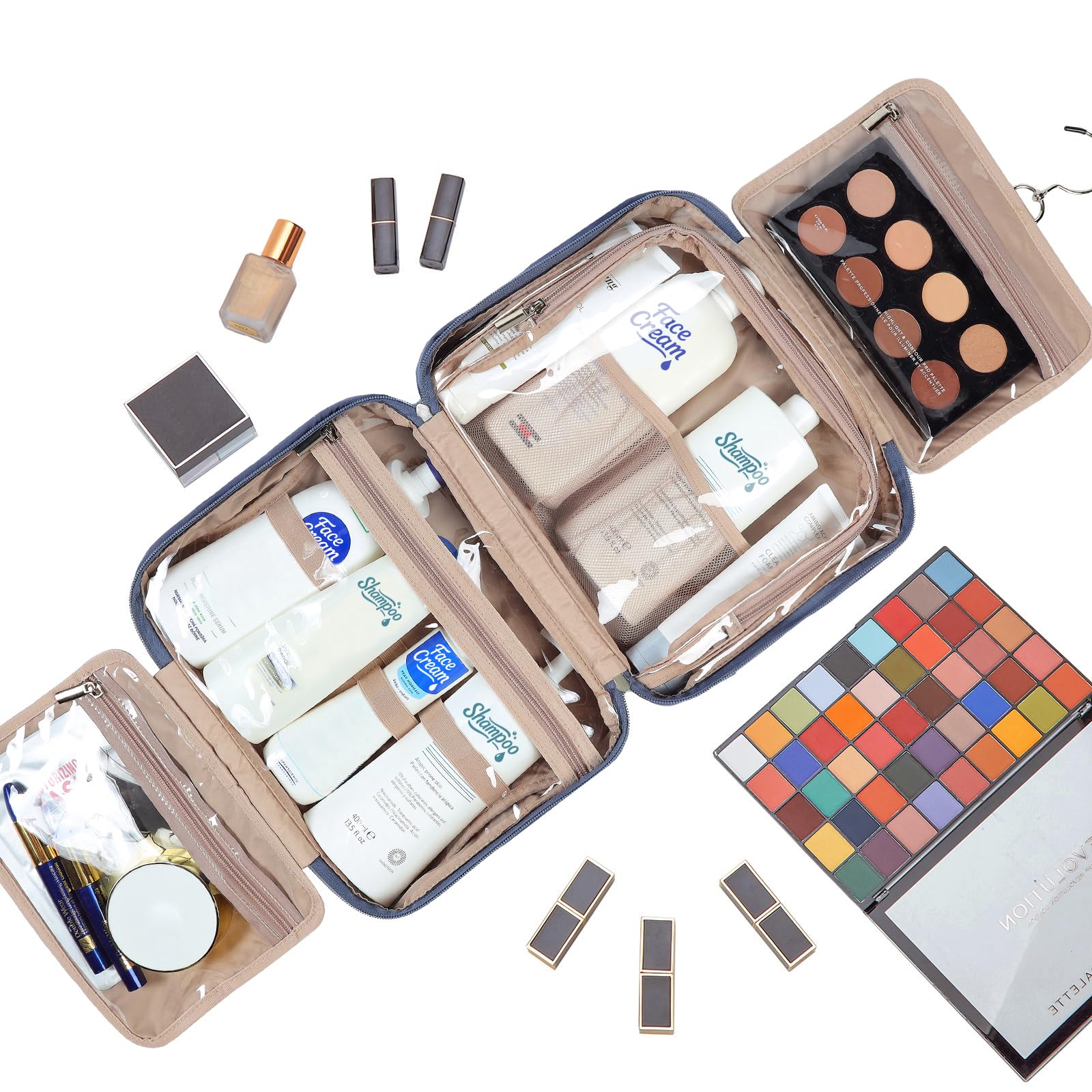 NISHEL large size accommodates full-sized shampoo and skincare items.