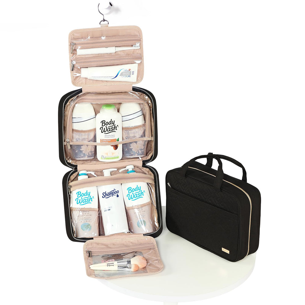 NISHEL travel toiletry bag zippered compartment adds extra safekeeping for small items.