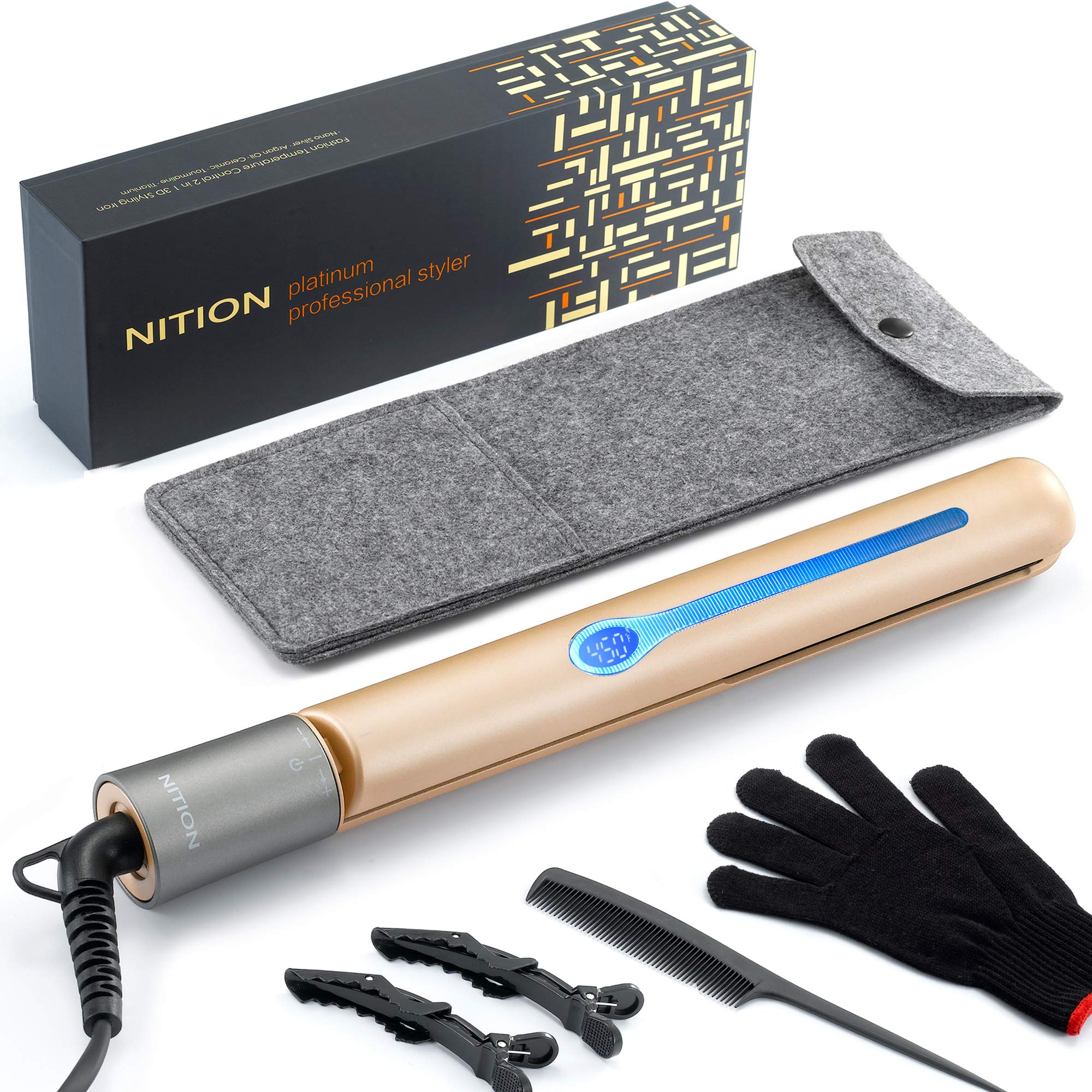 NITION ceramic-tourmaline flatiron front view shows a smooth glide for quick styling.