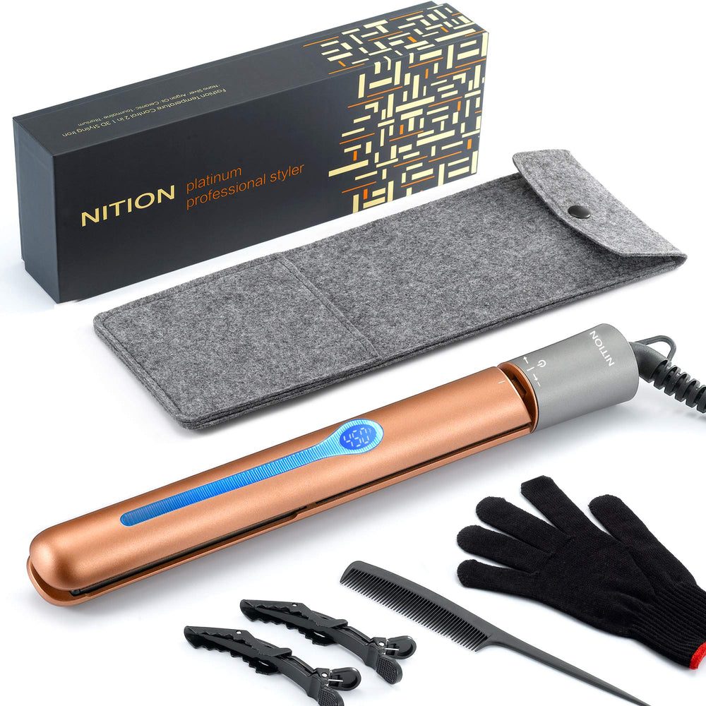 NITION ceramic tourmaline flatiron with LCD display for precise styling and frizz control.