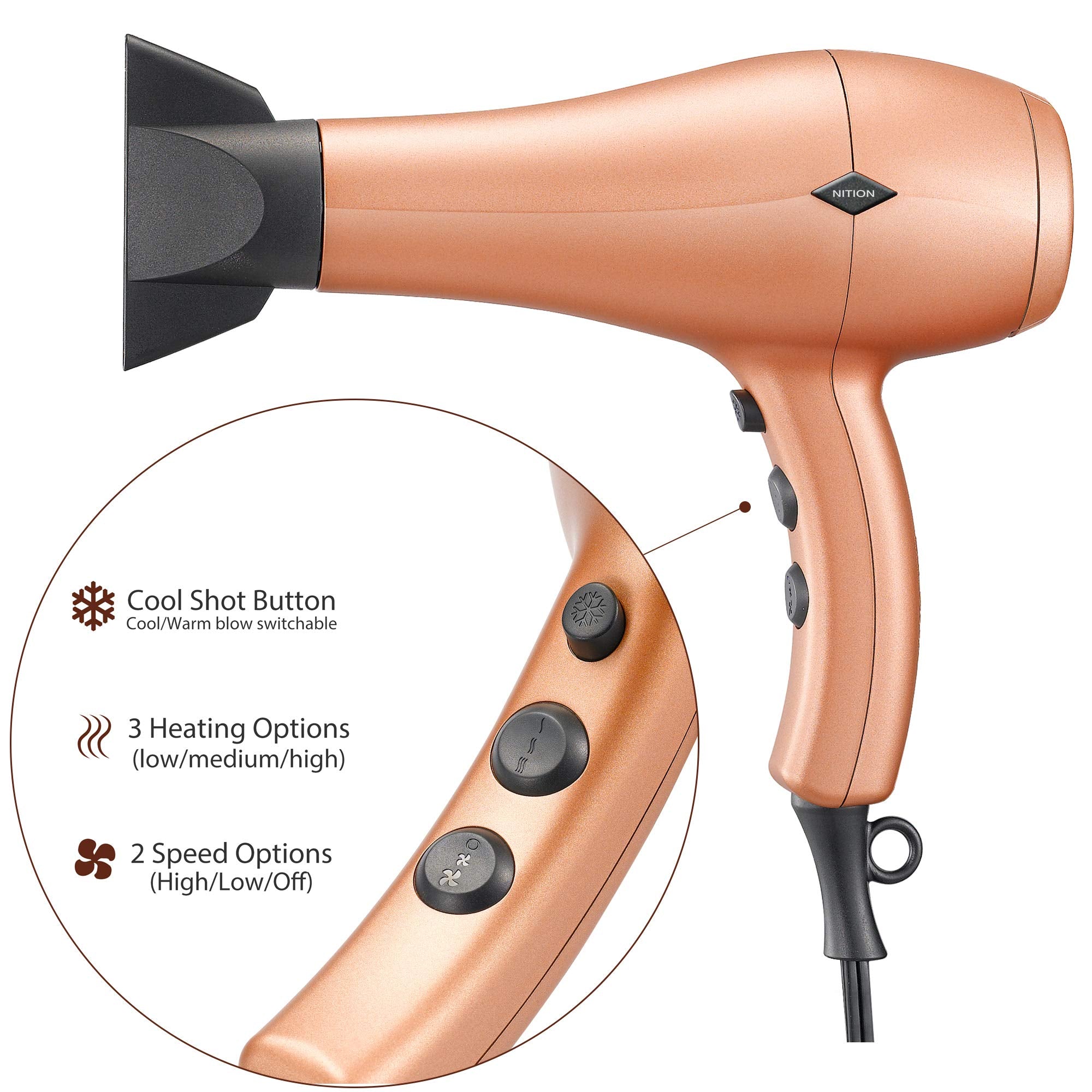 NITION attachments diffuser comb and concentrator for versatile styling.