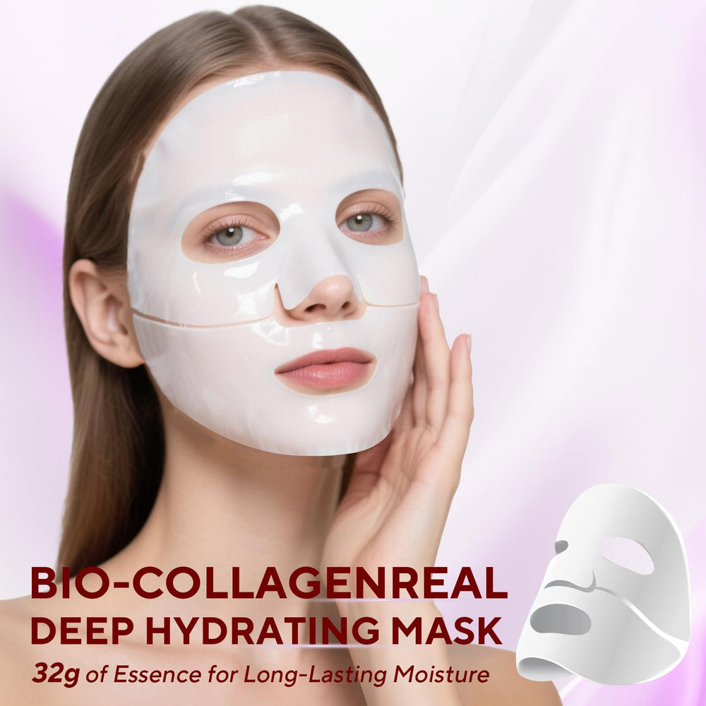 Nityrliv Bio-Collagen Real Deep Mask applied across the face for overnight hydration.