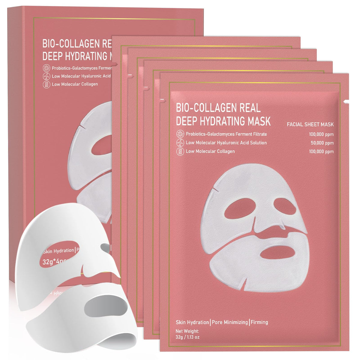 Nityrliv Bio-Collagen Real Deep Mask packaging shows the four pack for all skin types hydration.