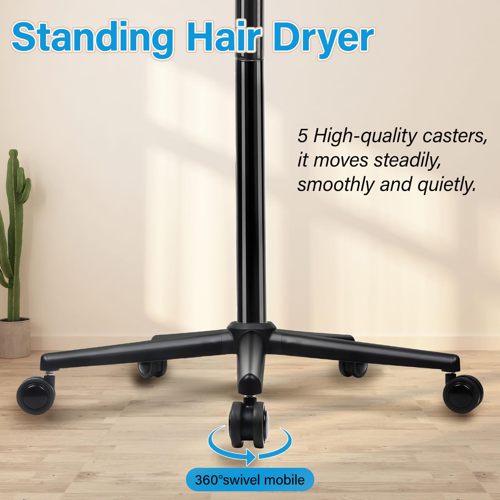 Niuadage hooded hair dryer 360-degree wheels enable smooth repositioning.