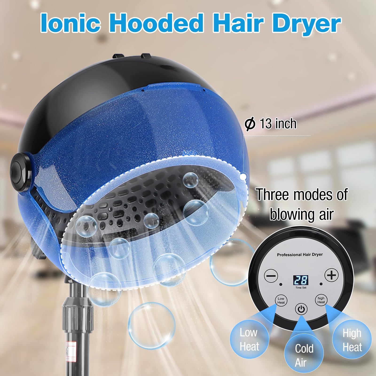Niuadage hooded hair dryer height adjustment highlights easy reach while styling.
