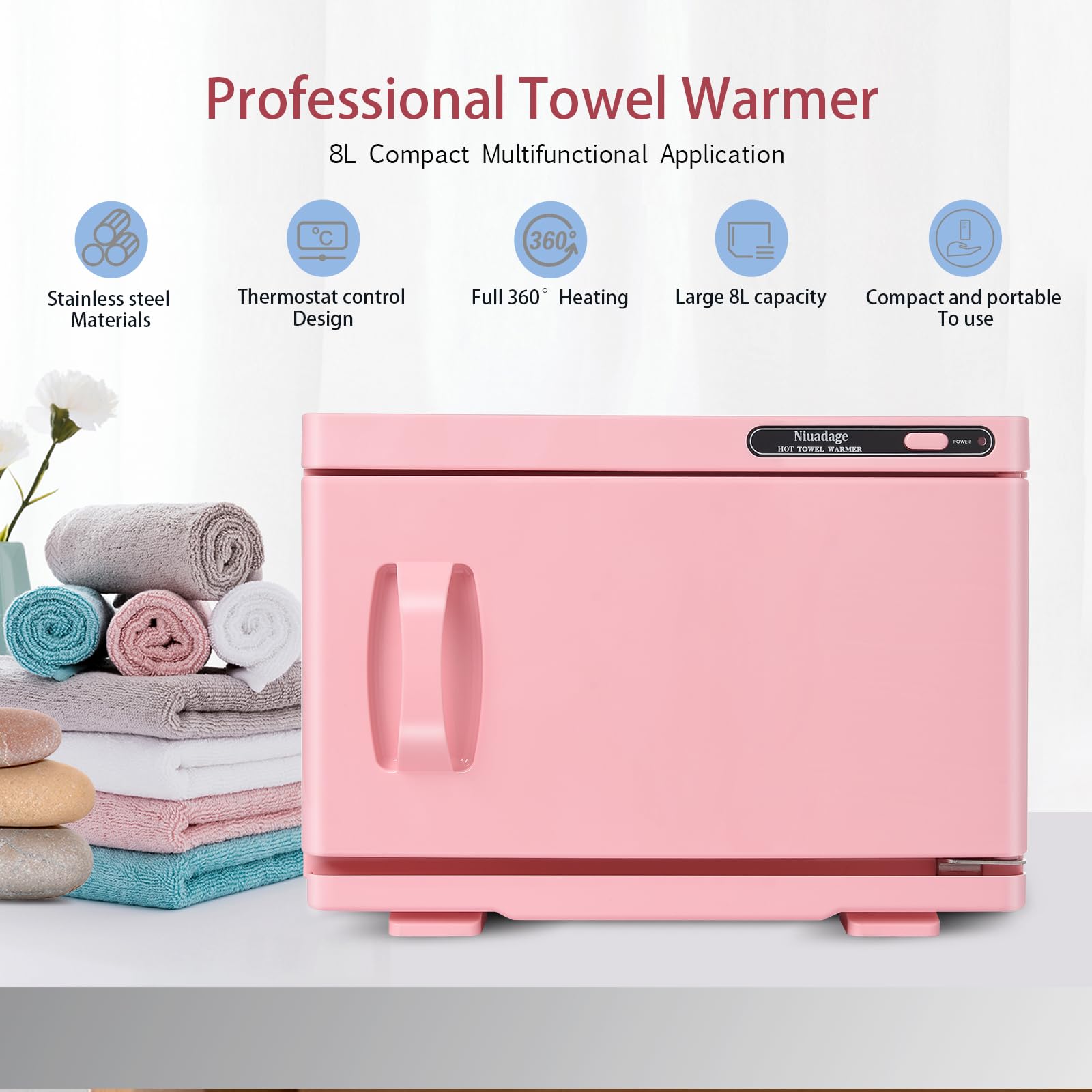 Niuadage pink spa towel warmer adds calm color to your workspace.
