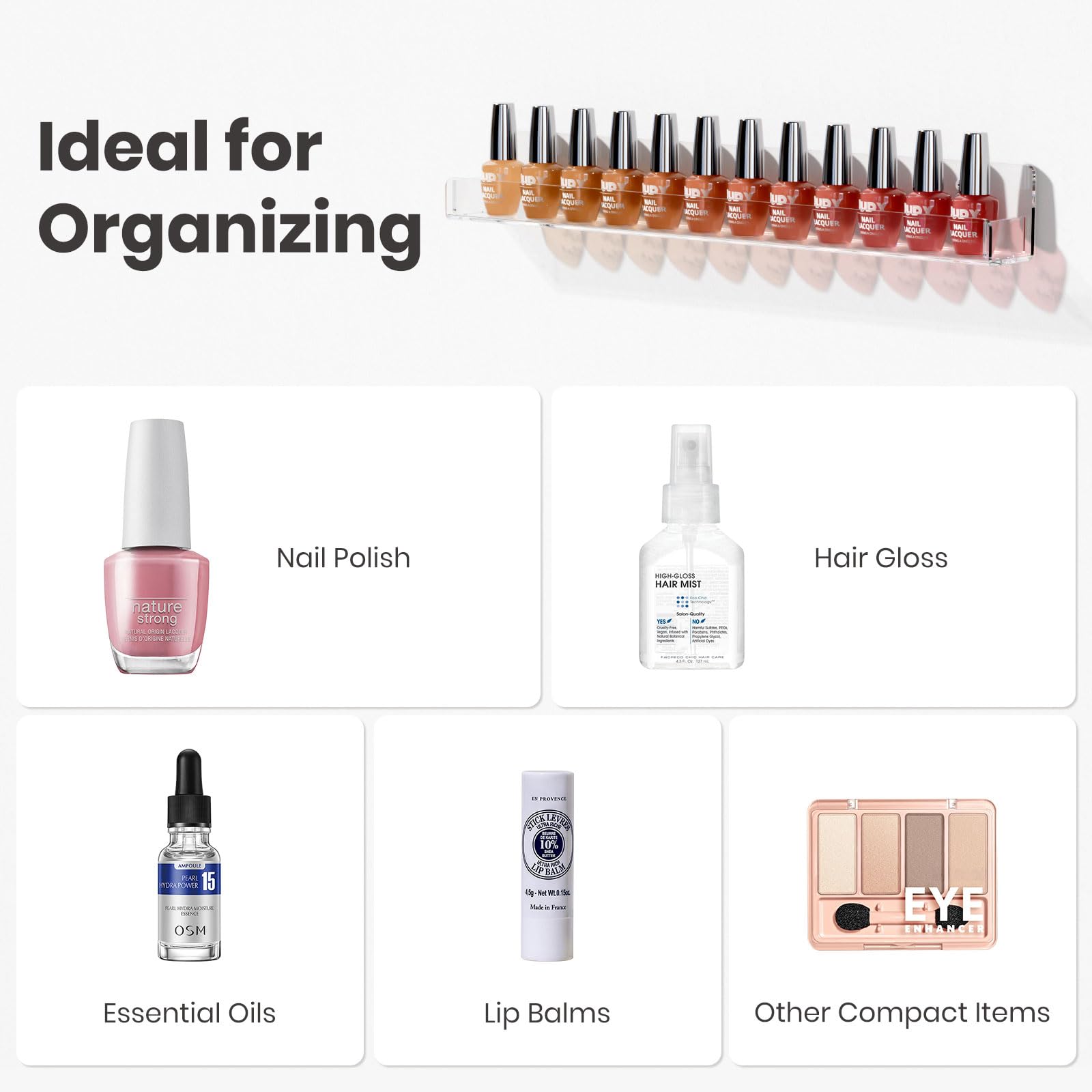 NIUBEE nail polish bottles on shelf close-up reveals vibrant color organization.