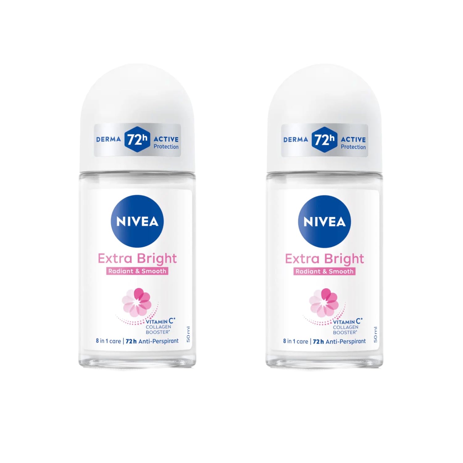 NIVEA Extra Bright roll-on bottle with twin-pack for long-lasting freshness and brighter underarms.