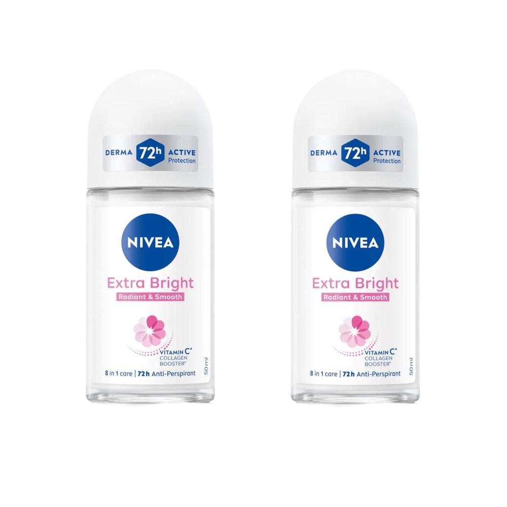 NIVEA Extra Bright roll-on bottle with twin-pack for long-lasting freshness and brighter underarms.