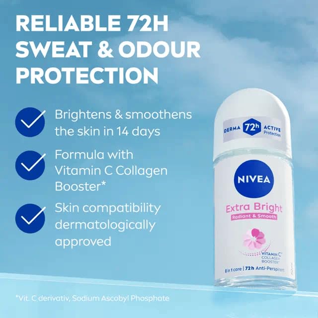 NIVEA Extra Bright bottle label highlights collagen boosting complex.