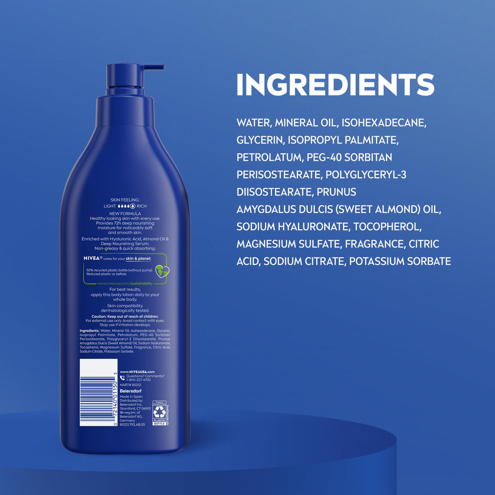 NIVEA next to common objects showing 16.9 oz size and value benefit