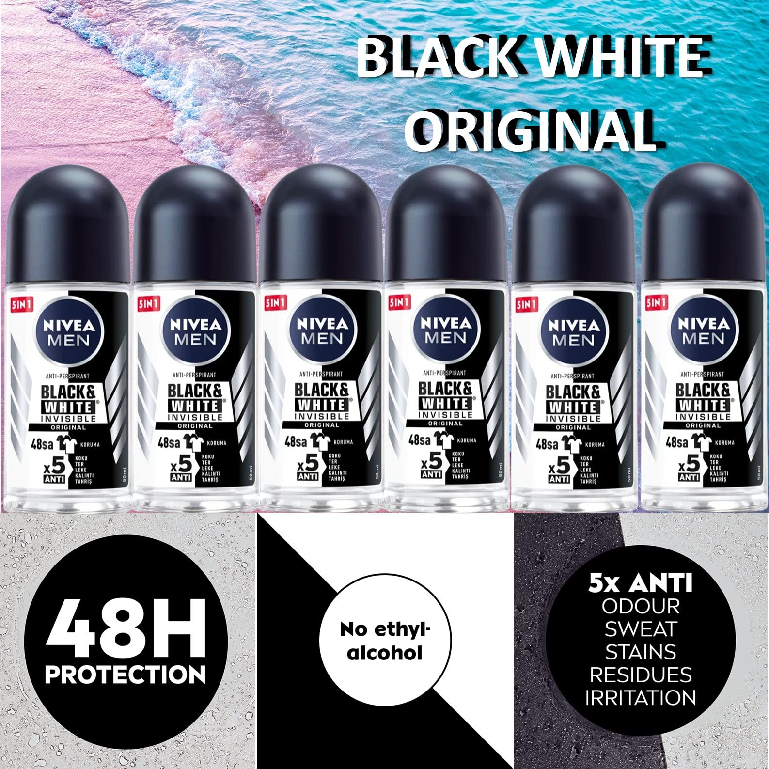 NIVEA Black & White Original bottle front shows slim 50ml size for everyday carry.