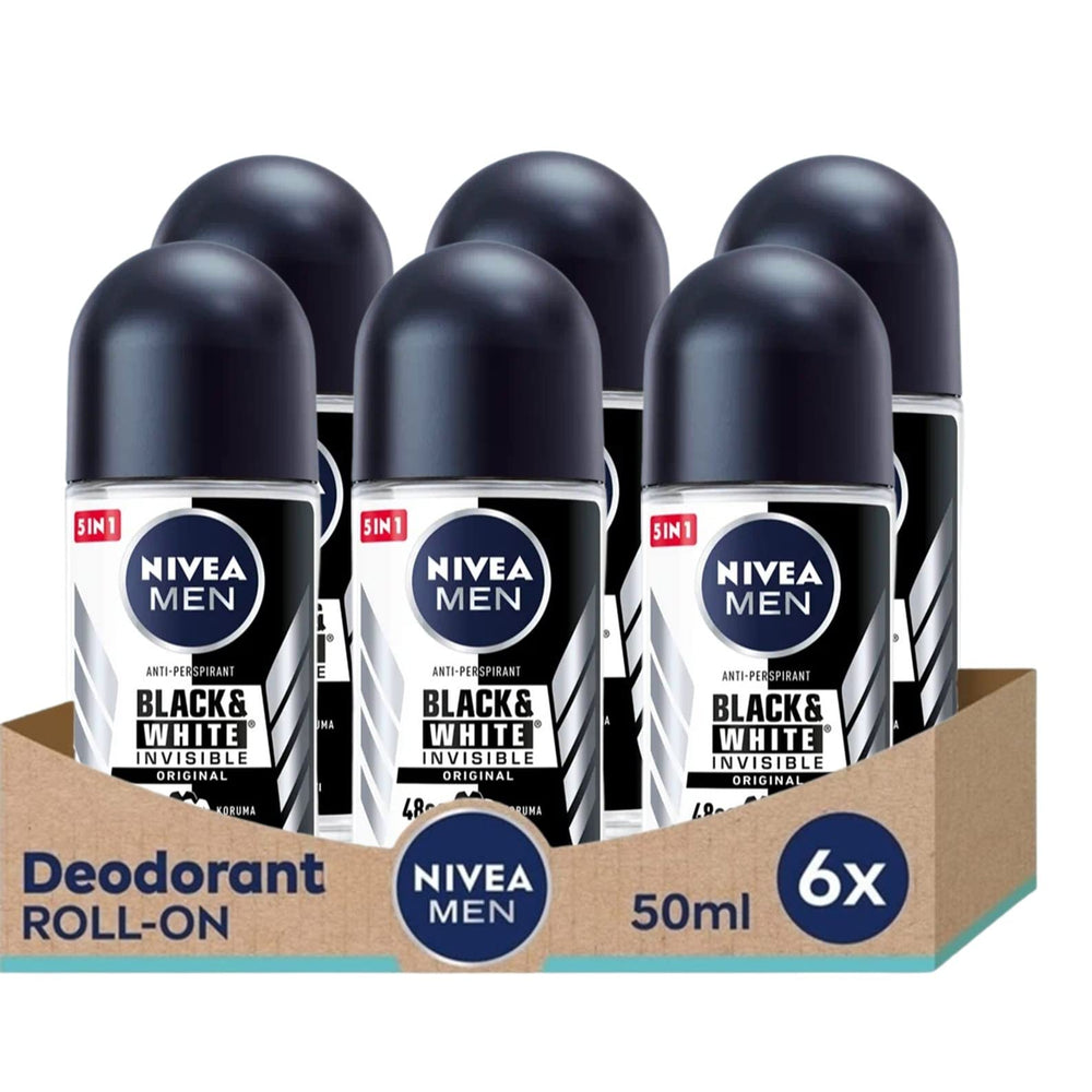 NIVEA Black & White Original roll-on packaging displays clean, alcohol-free formula for sensitive underarms.