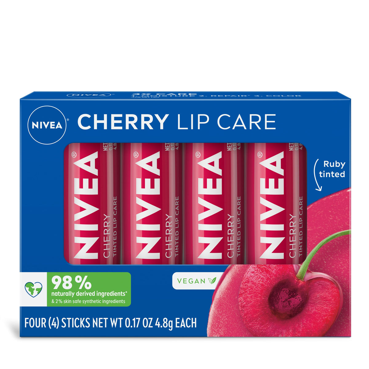NIVEA Cherry Lip Care four-pack for all-day hydration and color.