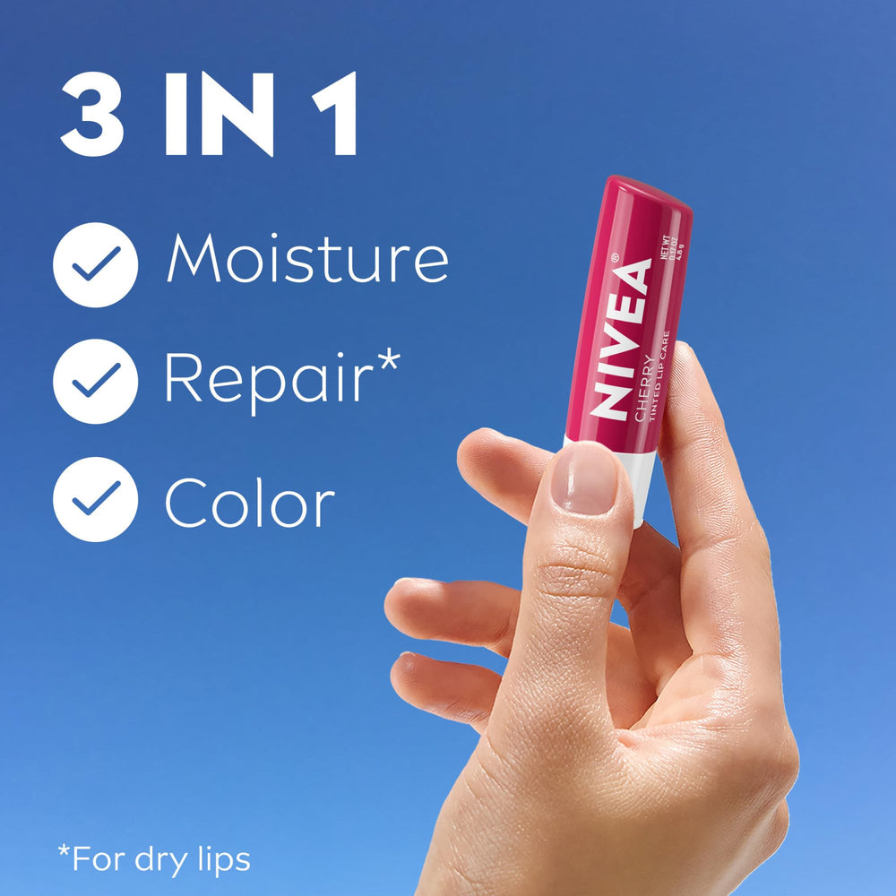 NIVEA Cherry Lip Care close-up highlights shea butter and vitamins.