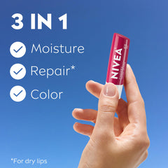NIVEA Cherry Lip Care close-up highlights shea butter and vitamins.