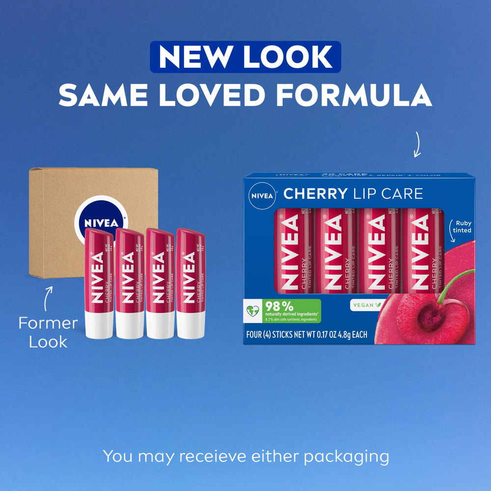 NIVEA Cherry Lip Care swatch on lips showing ruby tint and shine.