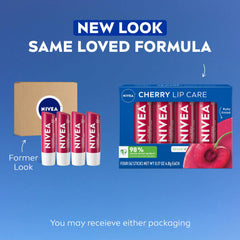 NIVEA Cherry Lip Care swatch on lips showing ruby tint and shine.