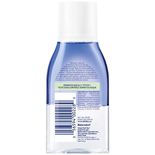 NIVEA Double Effect Eye Make-Up Remover bottle back with usage notes.