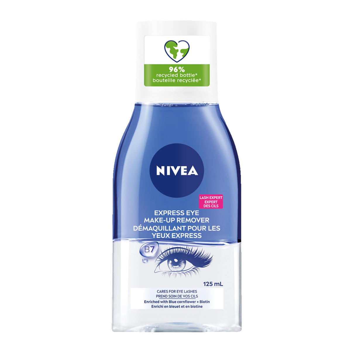 NIVEA Double Effect Eye Make-Up Remover bottle front for gentle cleansing.