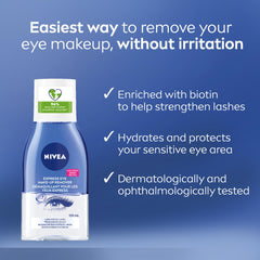 NIVEA Double Effect Eye Make-Up Remover pour-action shows dual-phase formula.