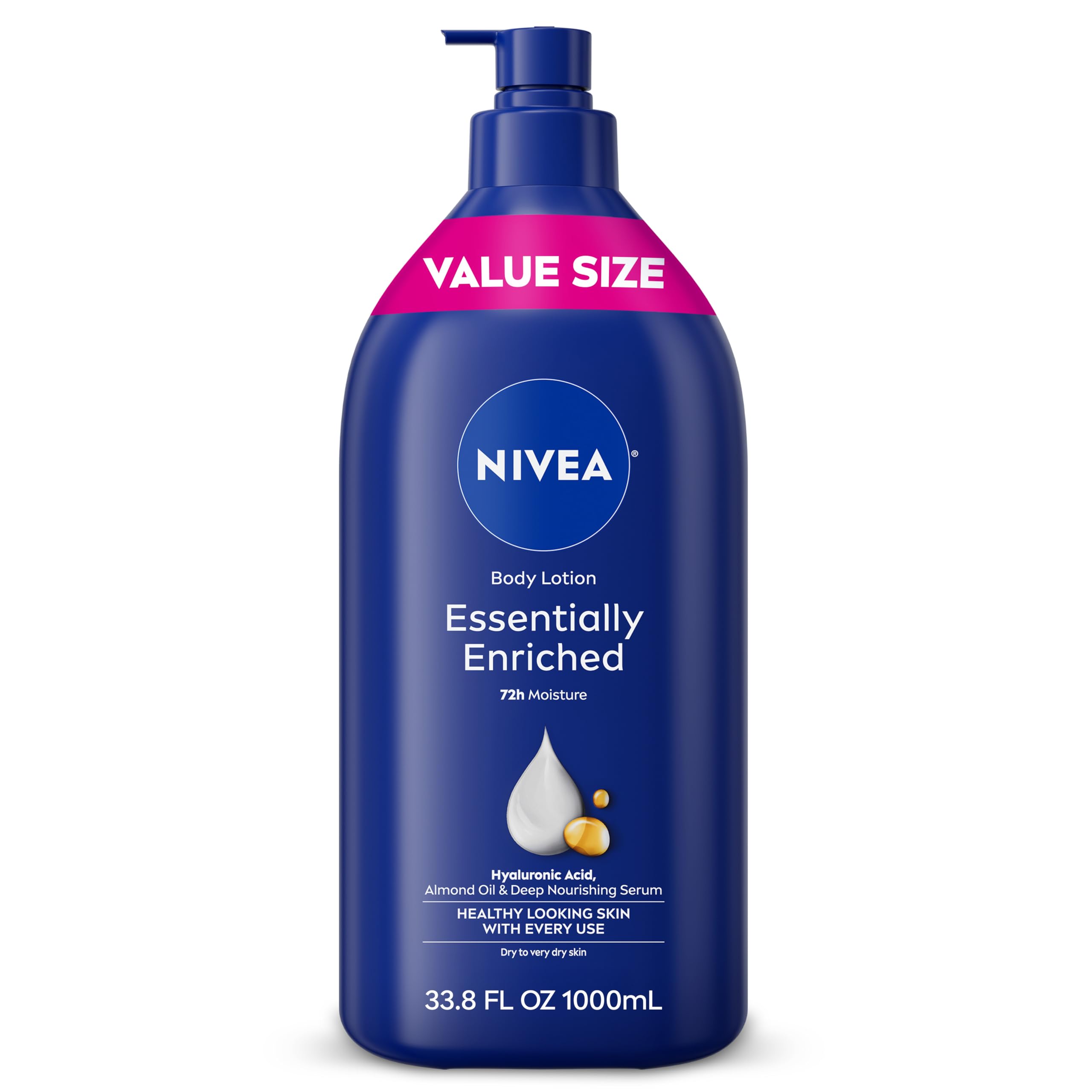 NIVEA front pump bottle showing almond oil formula and large value size benefit