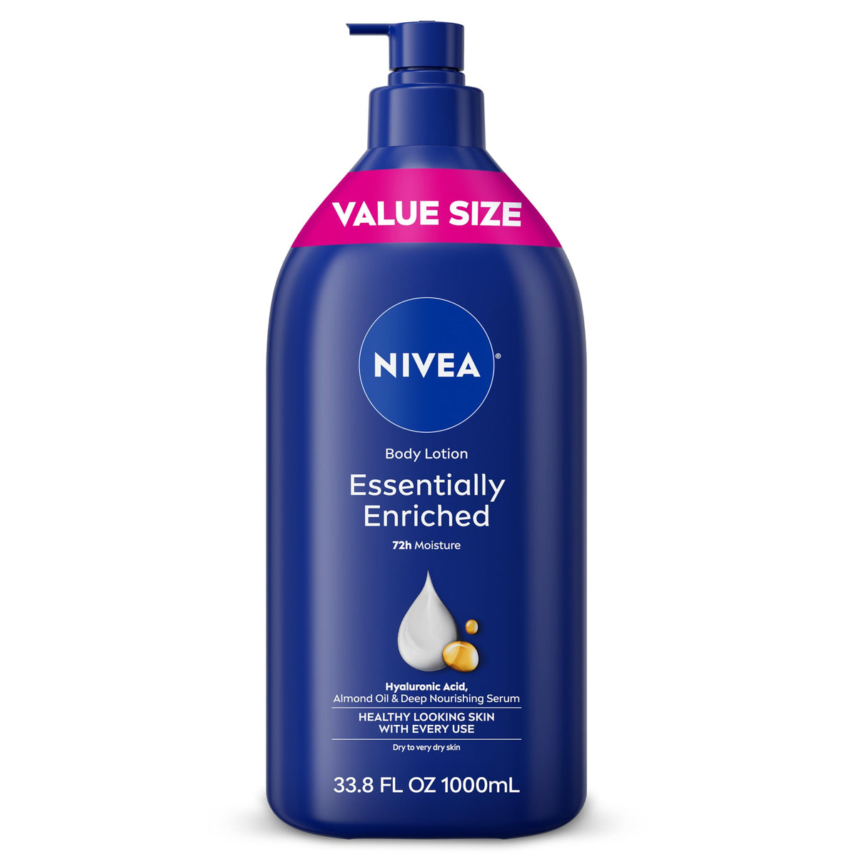 NIVEA front pump bottle showing almond oil formula and large value size benefit