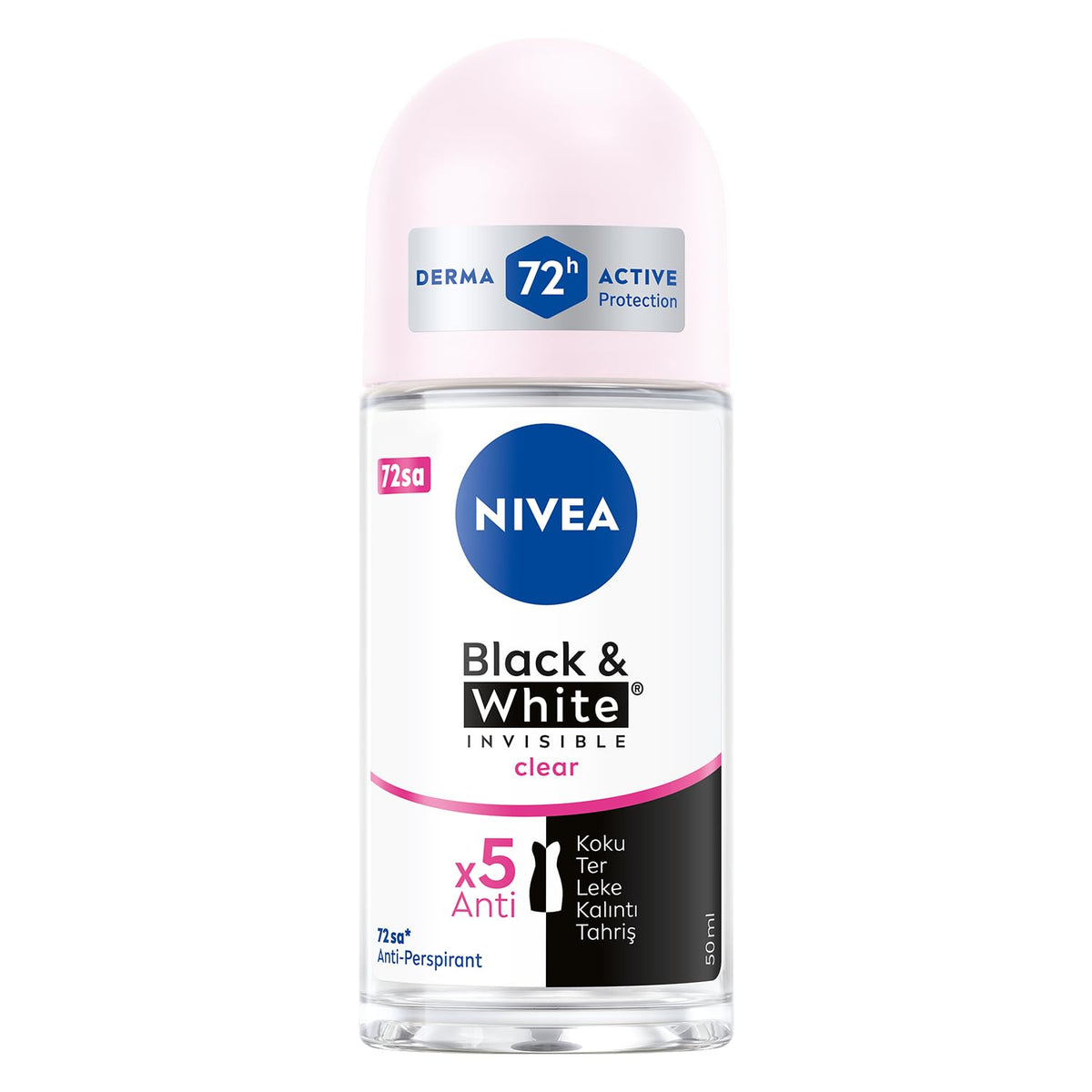 NIVEA Invisible for Black & White roll-on bottle on bathroom shelf offers clear protection
