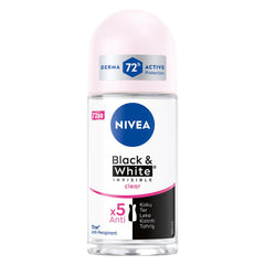 NIVEA Invisible for Black & White roll-on bottle on bathroom shelf offers clear protection