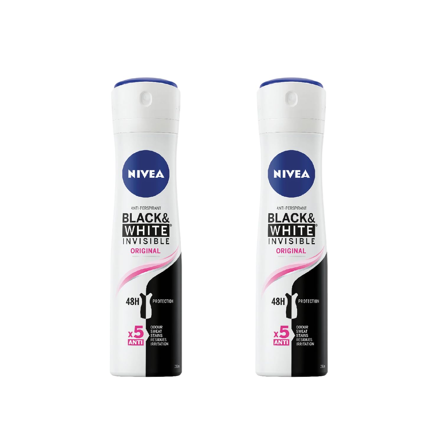 NIVEA Invisible Black & White Original spray in use, delivering 48h protection and fast drying.