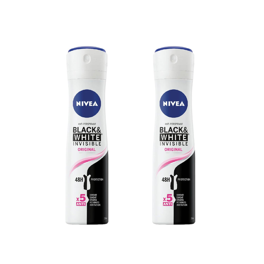 NIVEA Invisible Black & White Original spray in use, delivering 48h protection and fast drying.