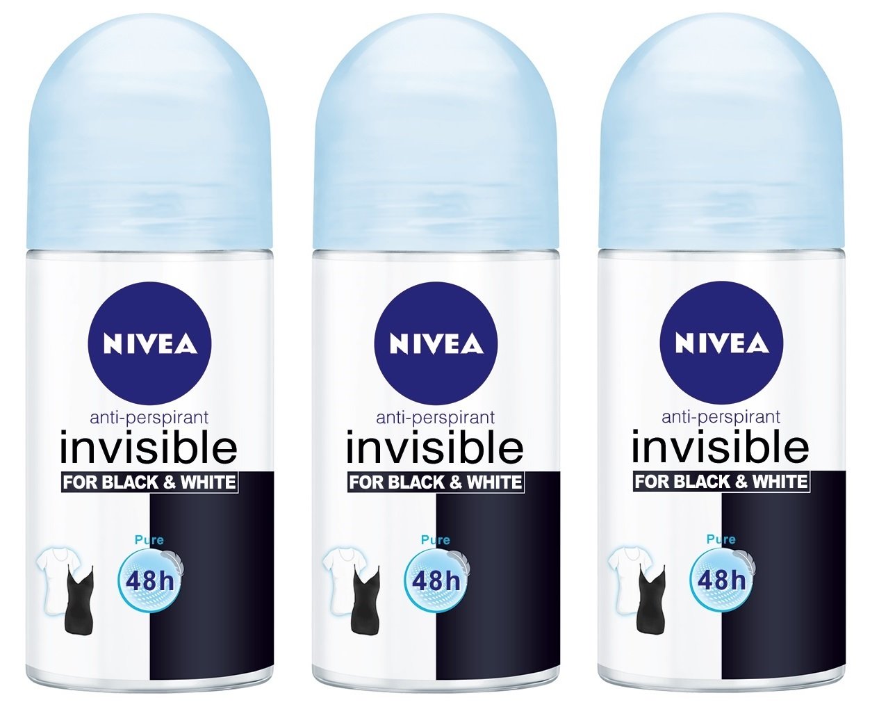 NIVEA Invisible for Black & White Pure pack of 3 bottles — quick-dry, invisible on fabrics.