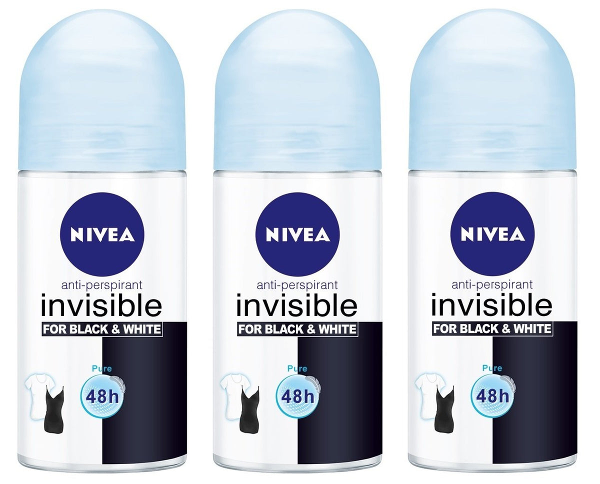 NIVEA Invisible for Black & White Pure pack of 3 bottles — quick-dry, invisible on fabrics.