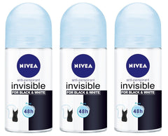 NIVEA Invisible for Black & White Pure pack of 3 bottles — quick-dry, invisible on fabrics.