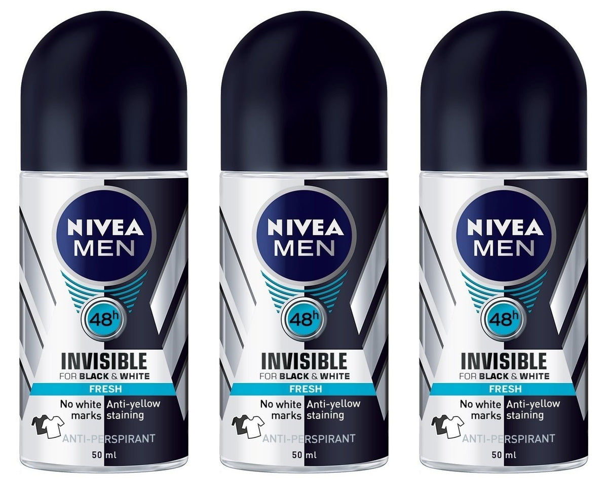 NIVEA Invisible for Black & White Fresh Scent roll-on bottle on bathroom sink, odor protection.